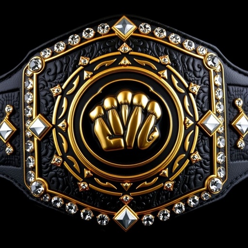 A formidable wrestling belt with a luxurious black leather strap, intricately crafted. A circular gold plate gleams at the center, adorned with an elegant fist champion design in stunning gothic artistry. Diamond gemstones sparkle along the edges, emphasizing the belt’s extra-large size, showcasing strength and prestige without any crests or symbols.