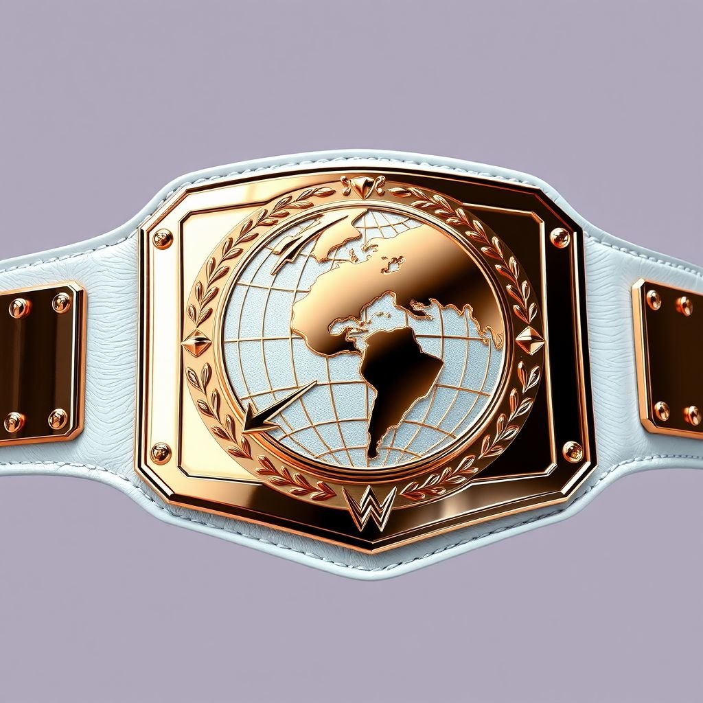 Wrestling belt, RTR Outercontinental Champion, crafted from luxurious leather. Striking white strap, smooth texture, emphasizing elegance. Rectangular plate, gleaming rose gold finish, modern aesthetic. Detailed globe champion design, representing global triumph. Realistic art style, highlights craftsmanship. Extra large size, imposing presence, minimalist without gemstones, crests, or symbols. A true masterpiece.