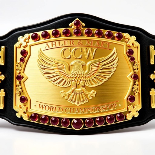 Wrestling belt adorned with a rectangular gold plate, reflecting light. Bold "CCW WORLD CHAMPIONSHIP" engraved prominently. An intricate eagle champion design etched in the center, wings spread majestically. Surrounding ruby gemstones sparkling brilliantly. Adult size, featuring elaborate cross crests and symbols intricately detailed around the edges, showcasing elegance and prestige.