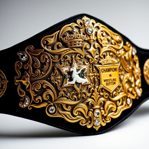 A majestic wrestling belt, adorned with intricate engravings on precious metal plates. A lustrous gold finish, set against a striking black strap. Elegant Art Nouveau flourishes. Crown-shaped designs encasing sparkling diamond gemstones. Large, ornate plates featuring crests and symbols, radiating the essence of champions and celebrating their legendary achievements.