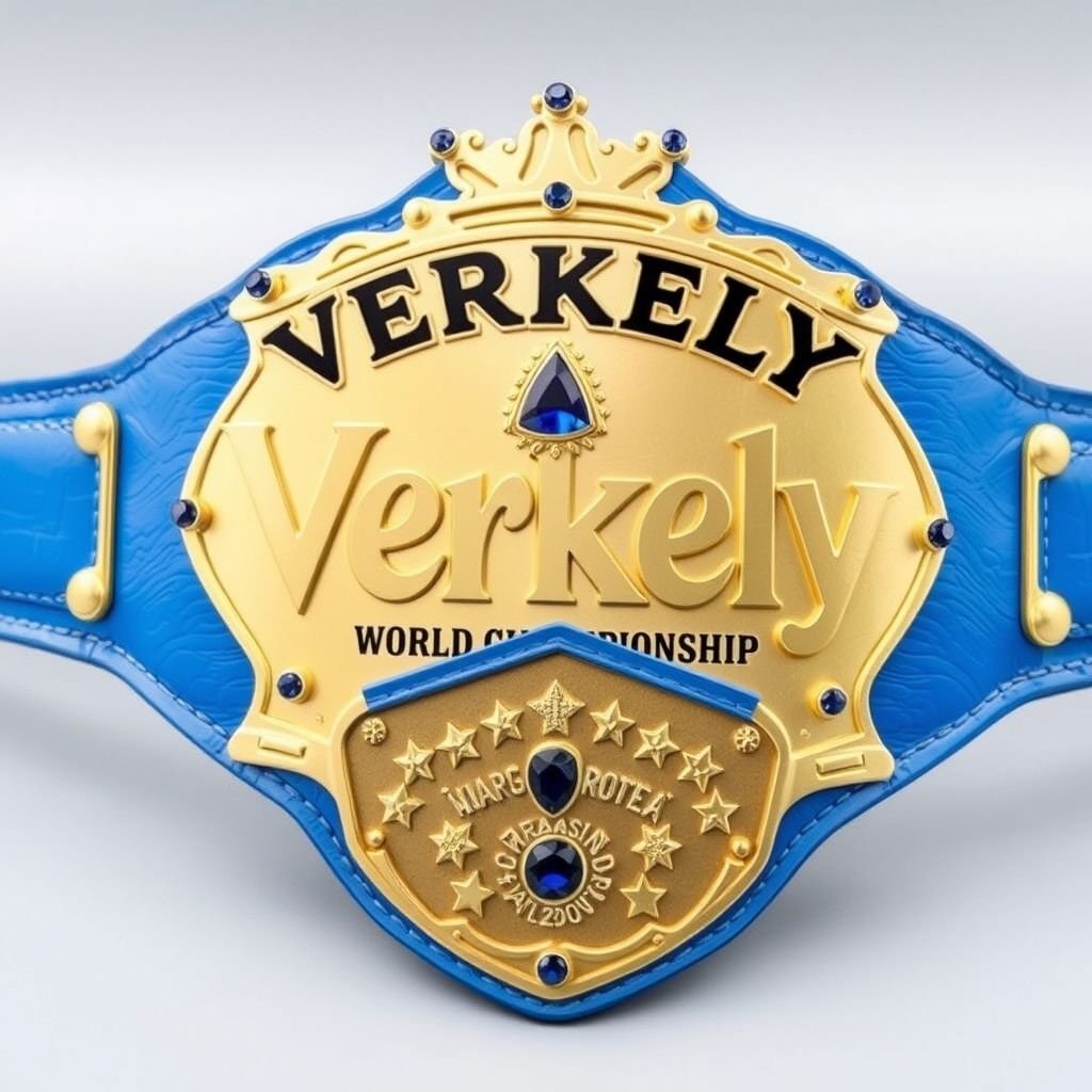 Wrestling belt titled "Verkely World Championship," featuring bold black lettering. A luxurious leather material, with a vivid blue strap color. Minimalistic, serrated plate shape adorned with a gleaming gold finish. Crown champion design embellished with radiant sapphire gemstones. Child-sized, featuring intricate star crests and symbols, capturing the essence of victory.