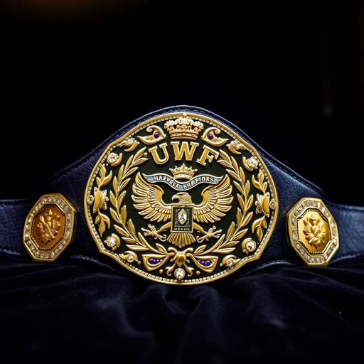 A UWF World Heavyweight Championship wrestling belt rests on a dark velvet surface. The dark purple leather strap gleams under soft light. An intricately engraved darker gold main plate dominates the center, adorned with laurel motifs, majestic eagle crests, and shimmering diamond gemstones, flanked by four small gold side plates, each echoing vintage elegance.