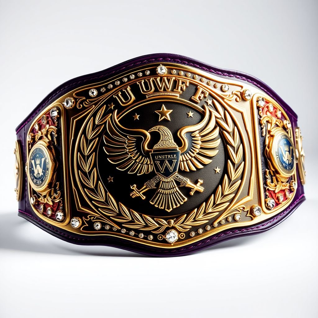 A majestic UWF World Heavyweight Championship belt, dark purple leather strap wrapped elegantly. The large main plate, an opulent darker gold, showcases intricate eagle and laurel motifs. Diamond gemstones adorn the edges, sparkling like stars. Vintage plate design, grand size, featuring ornate crown crests and symbols, embodying strength and legacy.