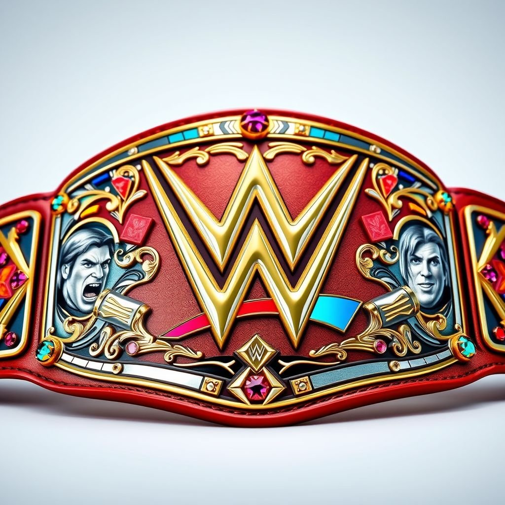 An intricate, engraved wrestling championship belt, showcasing a modern design. Vibrant colors exuding energy. A glossy leather strap contrasting with shimmering gold plating. Silver inlays accentuating details. WWE logo prominently displayed amidst dynamic images. Borders adorned with vivid gemstones, radiating brilliance. Masculine, bold, and a striking embodiment of wrestling glory.