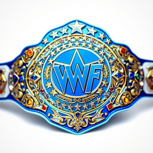 A majestic wrestling belt, VWF Universal World Championship, grand blue hue, gleaming blue metal against pristine white leather strap. Elements inspired by legendary titles, adorned with multicolored gems—blue, red, white, yellow—field of white stars crowning the main plate. Ornate engravings, intricate shapes, luxurious leather, symbolizing endless glory and fierce competition.