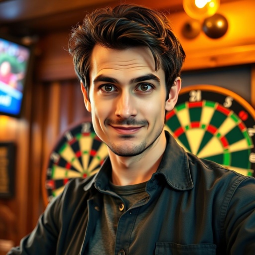 Darts player, European man, tall with a medium build, dark brown hair styled casually, slightly tousled. Bright, expressive eyes hinting at mischief. Colorful dartboard in the background, vibrant with a mix of red, green, and yellow. Wooden pub interior, warm lighting enhancing a lively atmosphere. Comfortable attire, casual yet stylish.