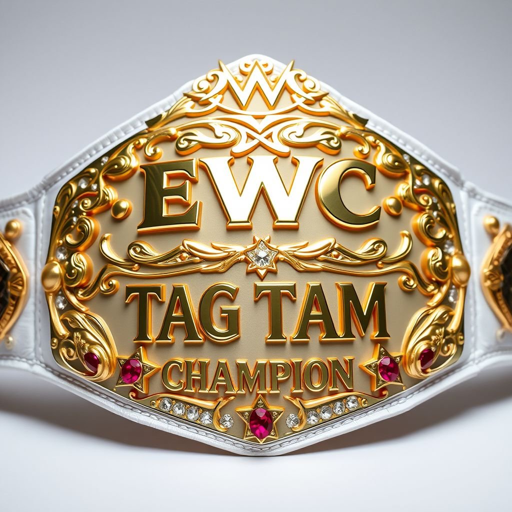 A lavish wrestling belt with a white cloth strap, radiating elegance. EWC logo gleaming above in intricate gold lettering. Below, "Tag Team Champion" etched in bold, showcasing prestige. Star-shaped plates adorned with ruby gemstones, sparkling under light. Rich gold accents enhance the luxury, embodying the spirit of victorious teamwork.