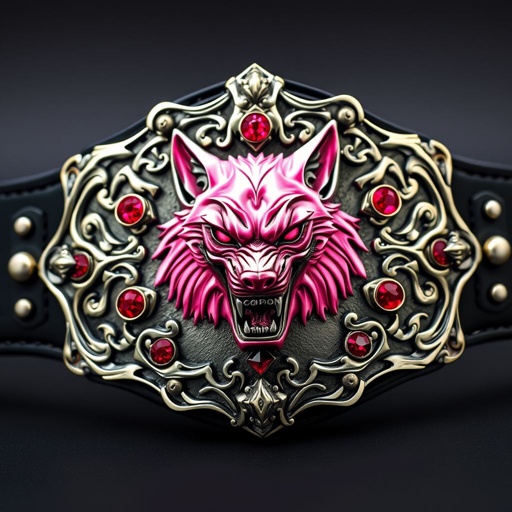 A striking wrestling belt featuring an intricate, edgy plate design adorned with bold motifs. The centerpiece, a fierce pink wolf, symbolizes strength and determination, highlighted by glimmering ruby gemstones. A sleek black strap complements the metallic finish, creating a perfect blend of gothic art style and contemporary flair, tailored for adults.