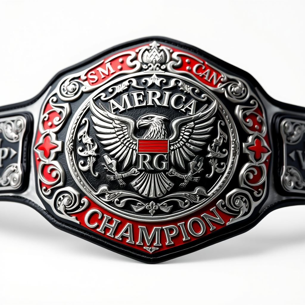 A bold wrestling belt featuring "American Strong Style" intricately engraved on a sculpted plate. Dominant black and red color scheme contrasts with a pristine white strap. The oversized design showcases striking eagle crests and symbolic engravings, while a prominent "Champion" text stands proudly amidst the fierce artistry, exuding power and prestige.