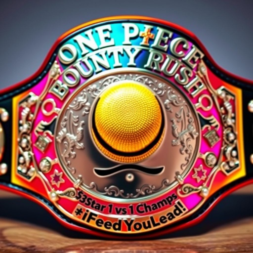 A wrestling belt, vibrant vinyl material gleaming under light. A straw hat, iconic from "One Piece," centered prominently. Above, bold letters display “One Piece Bounty Rush.” Below, “3 Star 1 vs 1 Champ iFeedYouLead.” Striking black strap encasing a silver shield plate, adorned with engraved designs and shimmering pearl gemstones, star crests, and symbols throughout.