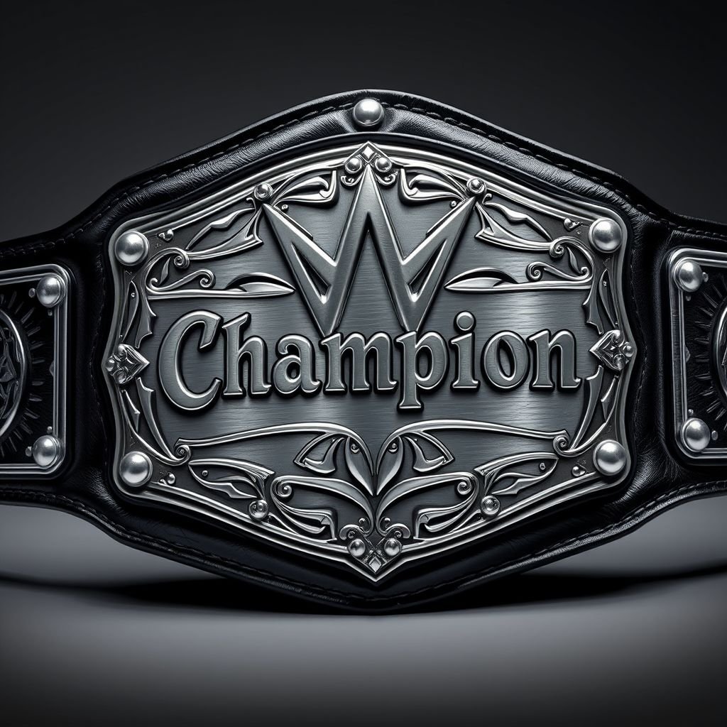 A wrestling championship belt adorned with a glossy black leather strap, exuding a sleek sophistication. The centerpiece features a serrated silver plate, intricately engraved with bold "Champion" text. Oversized design enhances its grandeur, while novelty elements add a playful twist. Realistic art style captures every detail, emphasizing its prestigious allure.