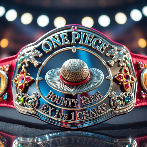 A gleaming wrestling belt, its metal surface shimmering under bright lights. In the center, a straw hat from "One Piece," iconic and detailed. Above, the bold words "One Piece Bounty Rush" emblazoned, below, "EX 1 vs 1 Champ" elegantly engraved. A dazzling strap, varying hues, adorned with star crests and multicolored diamond gemstones.