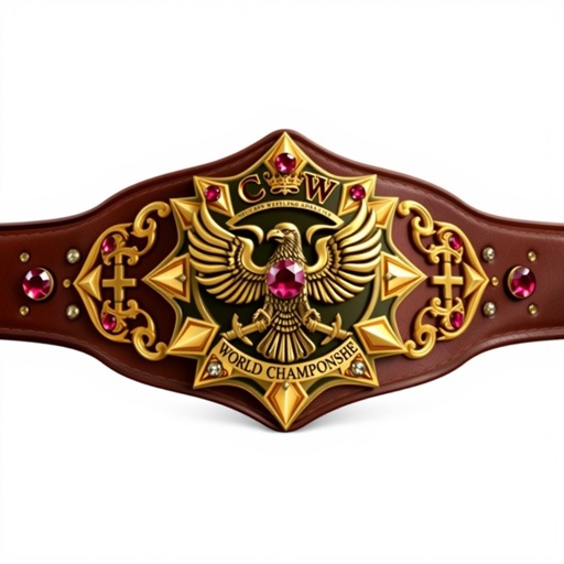 A prestigious wrestling belt, the CCW WORLD CHAMPIONSHIP, showcases a brown leather strap, exuding vintage charm. A star-shaped gold plate gleams, adorned with an intricate eagle champion design. Ruby gemstones sparkle, complemented by ornate cross crests and symbols. Realistic art style enhances the belt’s majestic presence, embodying true excellence in sport.