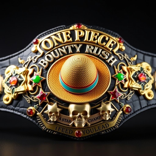 A prestigious wrestling belt, adorned with luxurious alligator skin, featuring opulent gold accents. In the center, a vibrant straw hat from "One Piece," symbolizing adventure and camaraderie. Above, the bold letters “One Piece Bounty Rush,” below, “4 Star VS Champ iFeedYouLead.” Multicolored star-shaped plates, embellished with dazzling ruby gemstones, intricate skull crests decorate the design. A symbol of triumph.