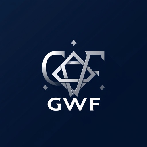 Logo design featuring the initials "GWF" intertwined, symbolizing strength and unity. Bold lines and geometric shapes create a dynamic composition. A dark blue background highlights silver accents. Subtle European motifs weave through the design. Minimalistic complexity echoes a modern aesthetic, appealing to fans worldwide. Clean typography, robust and impactful, completes the image.
