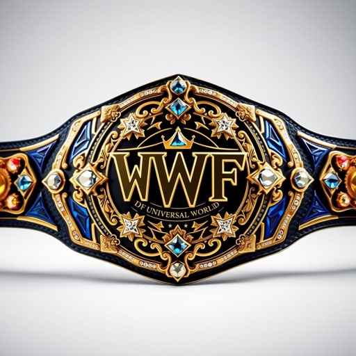 A majestic wrestling belt, VWF the Universal World Championship. Grand blue accents, resembling IWGP World title. Ornate, classic detailing reflecting Andre the Giant and WCW Big Gold Belt. Sparkling multicolored gems—blue, red, white, yellow. Luxurious leather strap. Intricate, elaborate plate design adorned with star crests and diamond gemstones, symbolizing greatness.