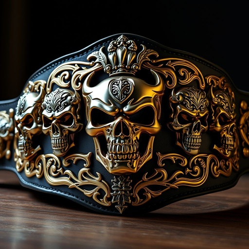 A large wrestling belt adorned with intricate skull crests, each uniquely designed with fierce expressions. Exquisite metallic finishes gleam under dramatic lighting. Symbols of victory and strength etched in decorative patterns, a mix of gold and silver. Thick leather backing, crafted with precision, showcasing an imposing and powerful presence.