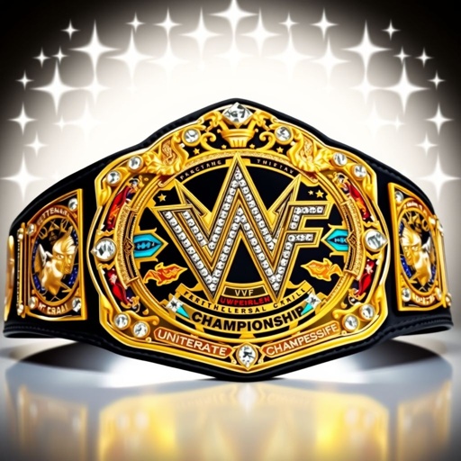 A grand wrestling belt, VWF Universal World Championship, gleaming in luxurious gold and intricate plate designs. A striking contrast of multicolored gems—blue, red, white, yellow. Classic aesthetic, adorned with large star crests and wrestler symbols. Black leather strap, impressive size, three side plates, sparkling diamond gemstones, field of white stars above.