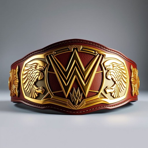 A prestigious wrestling title belt, crafted from supple leather, showcasing a unique, custom shape. A gleaming gold color scheme dazzles the eye, with intricate eagles motif embossed along the sides. The design reflects the innovative spirit of a new era, embodying strength and championship glory, radiating resilience and honor.