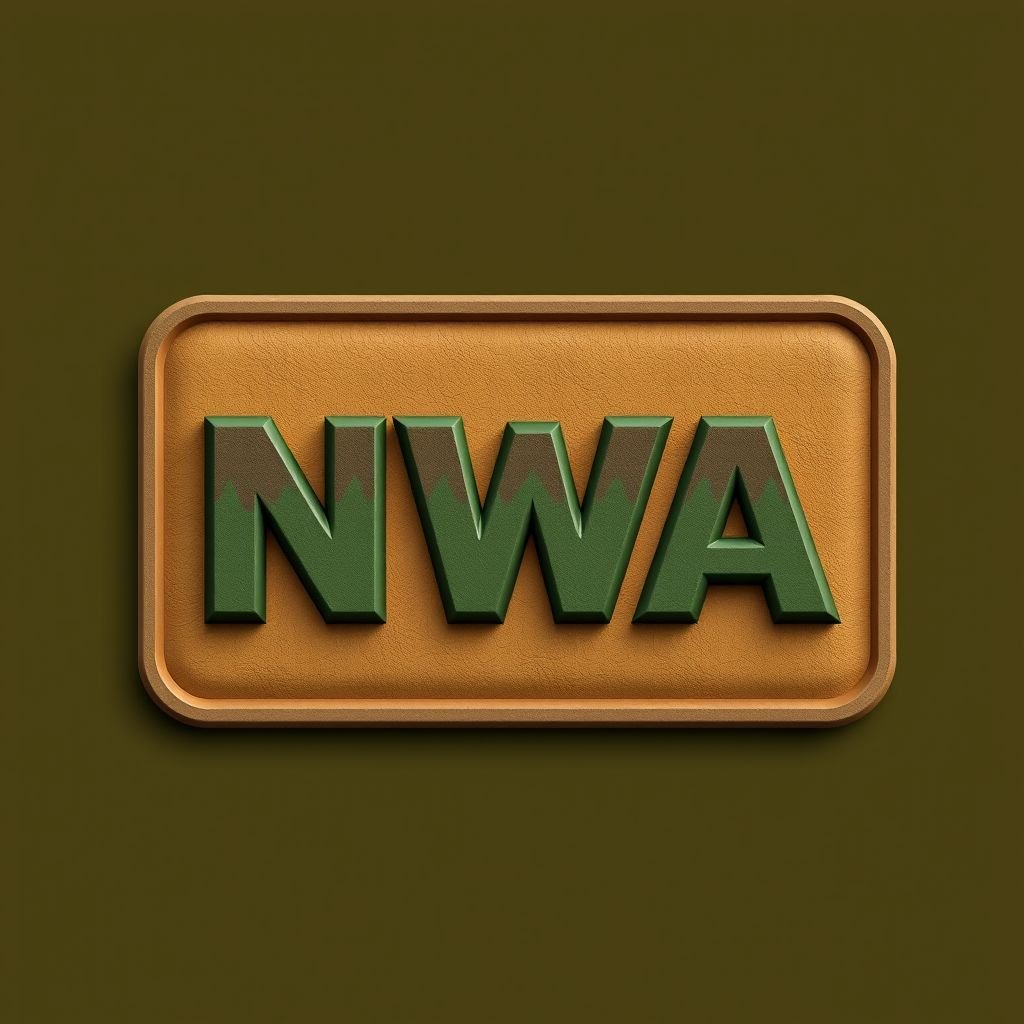 A bold NWA logo, prominently displayed, exuding a contemporary vibe. Earthy tones of deep greens and warm browns blend seamlessly. A square shape frames the design, with a 3D texture adding depth and dimension. Subtle patterns within the logo evoke a sense of connection to nature and community. A striking visual impact.