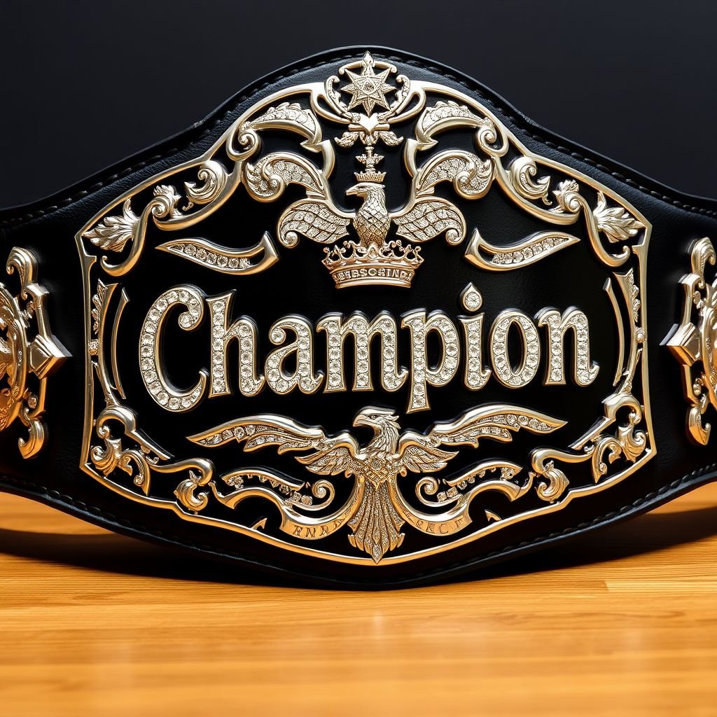A majestic wrestling belt, crafted from rich black leather, gleams with a polished silver plate adorned with intricate shapes. The prominent "Champion" text shines brightly, embedded with sparkling rhinestone gemstones. Grand in size, the belt features ornate eagle crests and symbols, exuding strength and prestige, embodying the spirit of victory.
