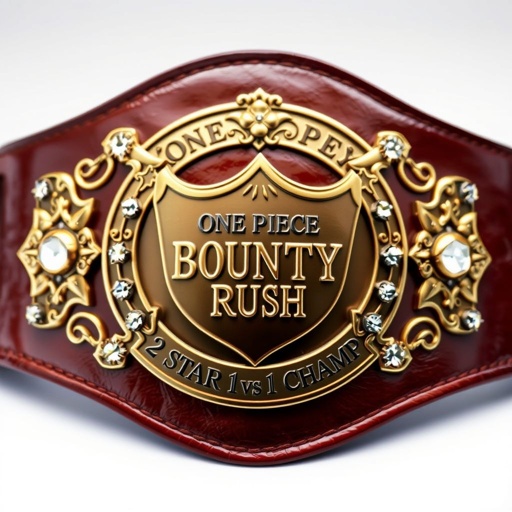 A wrestling belt featuring a rich brown leather strap, showcasing a shield-shaped bronze plate at its center. A straw hat from “One Piece” prominently placed, surrounded by intricate engravings. Above the hat, the bold words “One Piece Bounty Rush”; below, “2 Star 1 vs 1 Champ.” Sparkling rhinestone gemstones accentuate the design, complemented by ornate star crests and symbols, embodying a championship aura. Realistic textures accentuate every detail, creating a stunning visual representation of competitive spirit and adventure.