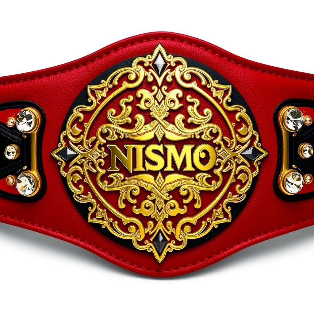 A magnificent wrestling belt, vibrant red and deep black leather, adorned with intricate gold embellishments. The centerpiece, a gleaming gold plate, features the iconic Nismo logo, surrounded by ornate detailing. Brilliant gems sparkle at each corner, capturing light. The rich texture of the leather contrasts beautifully with the luxurious gold finish.