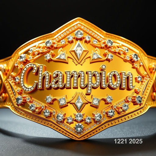 A gleaming wrestling belt, intricately designed in the shape of a diamond plate. Radiant gold plating shines under bright lights, accentuating the bold “Champion” text embossed in the center. Surrounding the letters, an array of sparkling diamond gemstones glisten, catching the eye. 1221 Bowl 2025 engraved subtly on the side.