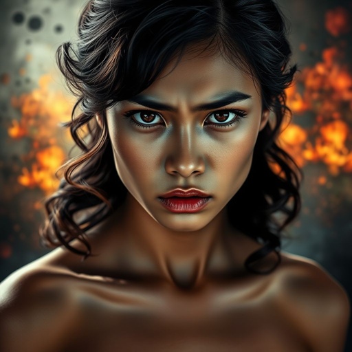 A young Asian woman, bare-skinned, exuding raw emotion. Brown curls cascade down her shoulders, framing an intense face marked by an angry expression. Deep mahogany eyes radiate fierce determination, glinting with defiance. Subtle shadows dance across her skin, highlighting contours and curves. A backdrop of chaotic colors amplifies her intense aura. 