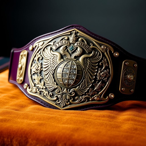 A Wrestling Belt resting on a velvet display, dark purple leather strap glistening softly. Intricately engraved darker gold main plate, adorned with four small gold side plates on either side. Vintage plate design features a majestic globe champion motif. Diamond gemstones sparkle, framed by elaborate eagle crests and symbols. Grand size, commanding presence.