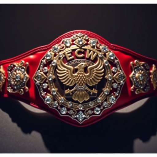 A dazzling ECW Women’s World Champion wrestling belt, adorned with intricate silver and gold designs. Rich red leather gleams under the spotlight, showcasing an embossed eagle emblem at the center. Surrounding the main plate, sparkling gemstones shimmer, reflecting the fierce spirit of champions. Soft shadows highlight the craftsmanship, exuding strength and elegance.