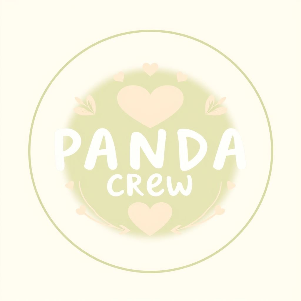 Logo design featuring "PANDA CREW" in a whimsical handwriting text font. Emblem style with heart-shaped elements woven into the design. Earthy green and soft beige color palette, creating an analogous color scheme. Hand-drawn aesthetic, radiating warmth and approachability. Centralized layout, reflecting unity and creativity within the media industry.