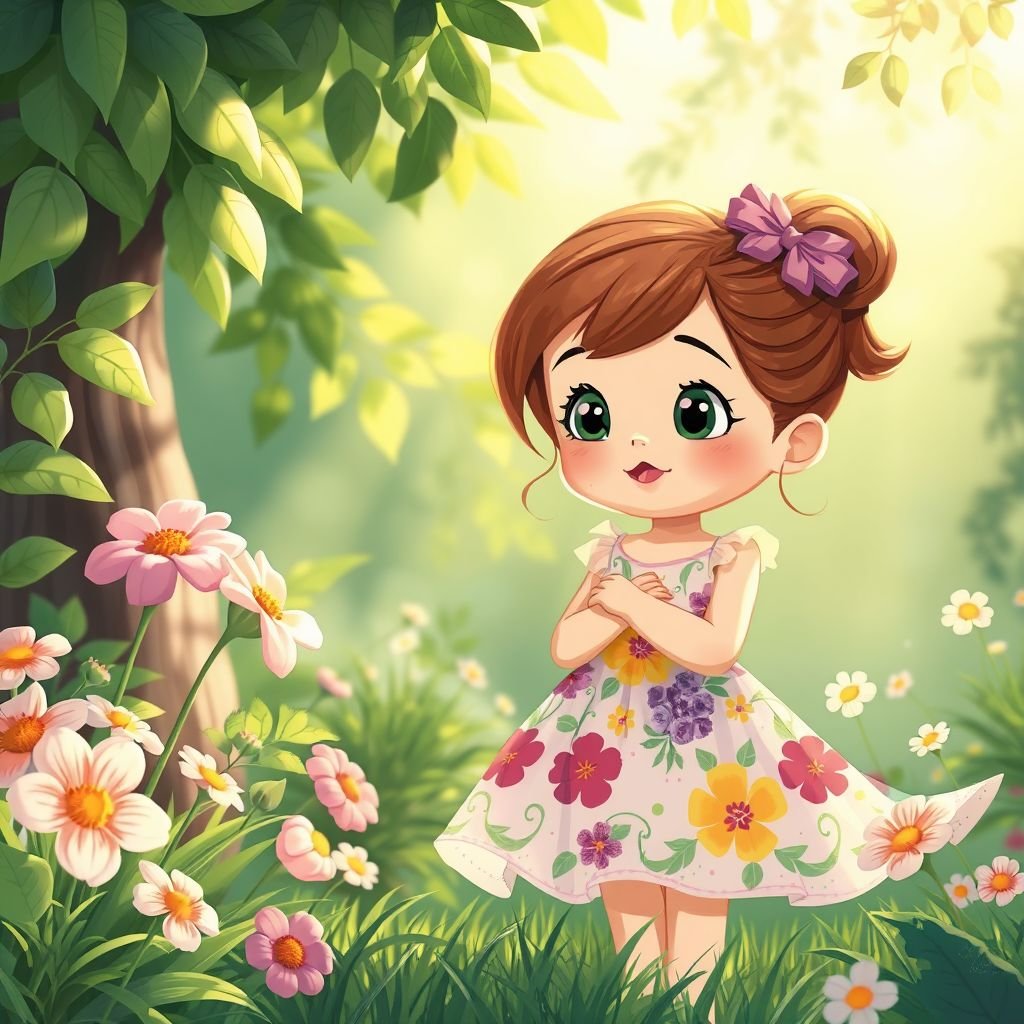 A whimsical cartoon scene features a young girl in a vibrant summer dress adorned with floral patterns. Lush greenery surrounds her, dappled sunlight cascading down, creating a warm, romantic atmosphere. Soft pastel colors dominate the visual style, highlighting playful innocence and youthful charm, evoking feelings of love and carefree joy.