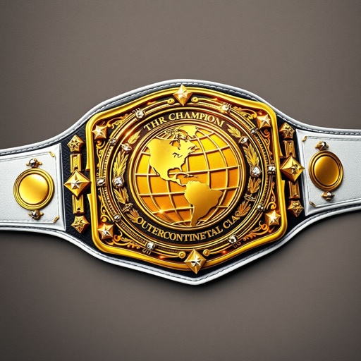 A magnificent wrestling belt, RTR Outercontinental Champion. Leather texture with a striking white strap. Rectangular plate adorned in shimmering gold, featuring an intricate globe champion design. Sparkling crystal gemstones embellish the edges, while majestic star crests and symbols display prestige. An imposing, extra-large size radiates power and dominance in realistic art style.