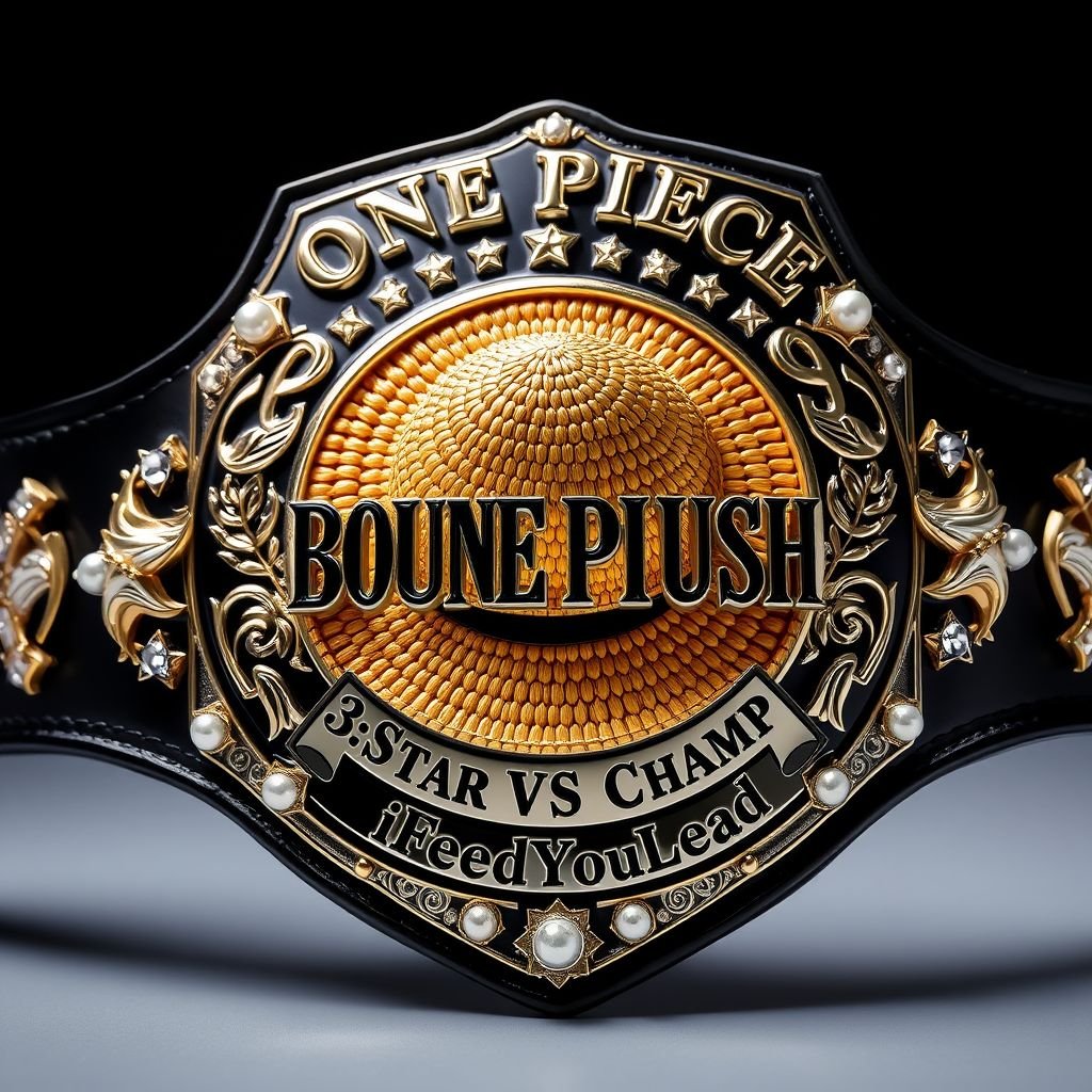 A grand wrestling belt, vinyl material shimmering under light. In the center, a signature straw hat from "One Piece". Above the hat, the words “One Piece Bounty Rush” in bold lettering. Below, “3 Star VS Champ iFeedYouLead” elegantly engraved. Black strap, shield plate shape, silver accents, adorned with pearl gemstones, large star crests.