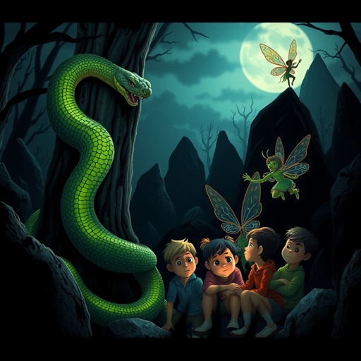 A shadowy forest backdrop, eerie twilight illuminating jagged rocks. A fierce snake coiled tightly around a tree trunk, vivid green scales glistening. Nervous children huddle together, wide eyes reflecting fear. A whimsical fairy, delicate wings shimmering, attempts to negotiate peace with the serpent. Tension thickens, adventure brewing amidst uncertainty.