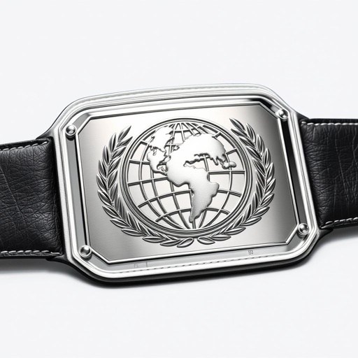 An Outercontinental Champion wrestling belt rests proudly, showcasing a luxurious leather texture. A pristine white strap connects seamlessly to a striking rectangular silver plate. The globe champion design featured in intricate detail highlights global unity. This extra-large, unembellished masterpiece embodies modernity, sophistication, and the essence of victory, captivating without gemstones or crests.