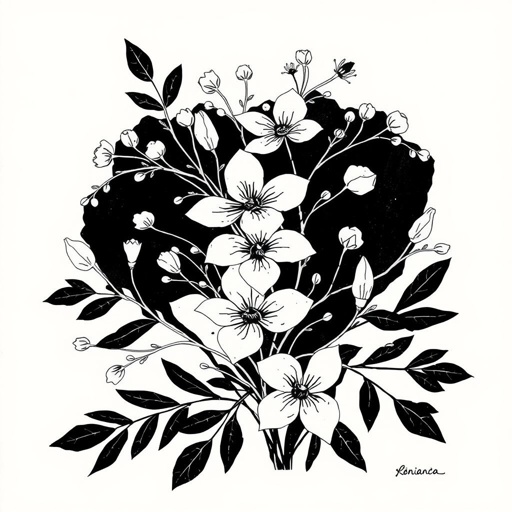 Linocut block print design, delicate thin flowers intertwining with slender leaves, monochrome palette of deep blacks and soft grays, intricate details revealing textures, harmonious arrangement radiating elegance, negative space enhancing simplicity, organic shapes flowing gracefully, vintage-inspired aesthetic, bold yet refined, capturing the essence of tranquility and nature's quiet beauty.