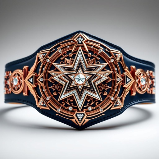 A luxurious wrestling belt, exuding galactic grandeur. Leather strap in deep blue, complemented by a shimmering rose gold star-shaped plate. Intricate symbols and star crests adorn the surface. Glimmering diamond gemstones embellishing the design. Bold anime-inspired details enhance its aesthetic, embodying the essence of a true star champion. Adult size, extraordinary.