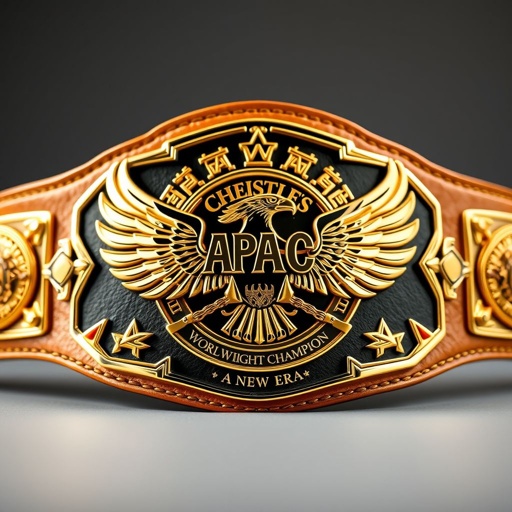 A prestigious wrestling championship belt, gleaming in gold. Luxurious leather, meticulously crafted, wraps around a custom-shaped centerpiece. Bold eagles soar majestically across the belt, symbolizing strength and victory. The design embodies the essence of the APAC World Heavyweight Champion, reflecting a New Era with intricate detailing and championship pride.