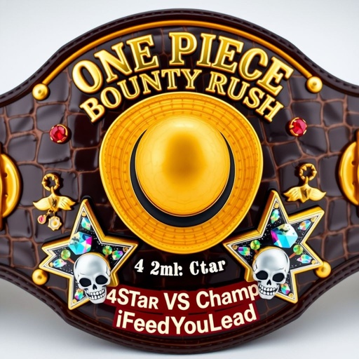 A luxurious wrestling belt, alligator skin texture, gleaming gold accents. In the center, a vibrant straw hat, emblematic of "One Piece." Above, bold lettering reads “One Piece Bounty Rush.” Below, “4 Star VS Champ iFeedYouLead.” Star-shaped plates sparkle with multicolor brilliance, embellished with ruby gemstones, adorned with fierce skull crests.