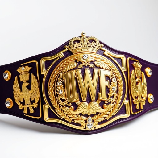 UWF World Heavyweight Championship Wrestling Belt, dark purple leather strap, ornate gold side plates adorned with laurel and eagle motifs. Large main plate, gleaming gold, intricate shapes, crowned with royal crests. Diamond gemstones embedded, sparkling accents, vintage design, grand scale, rich textures, evoking power and prestige in each exquisite detail.