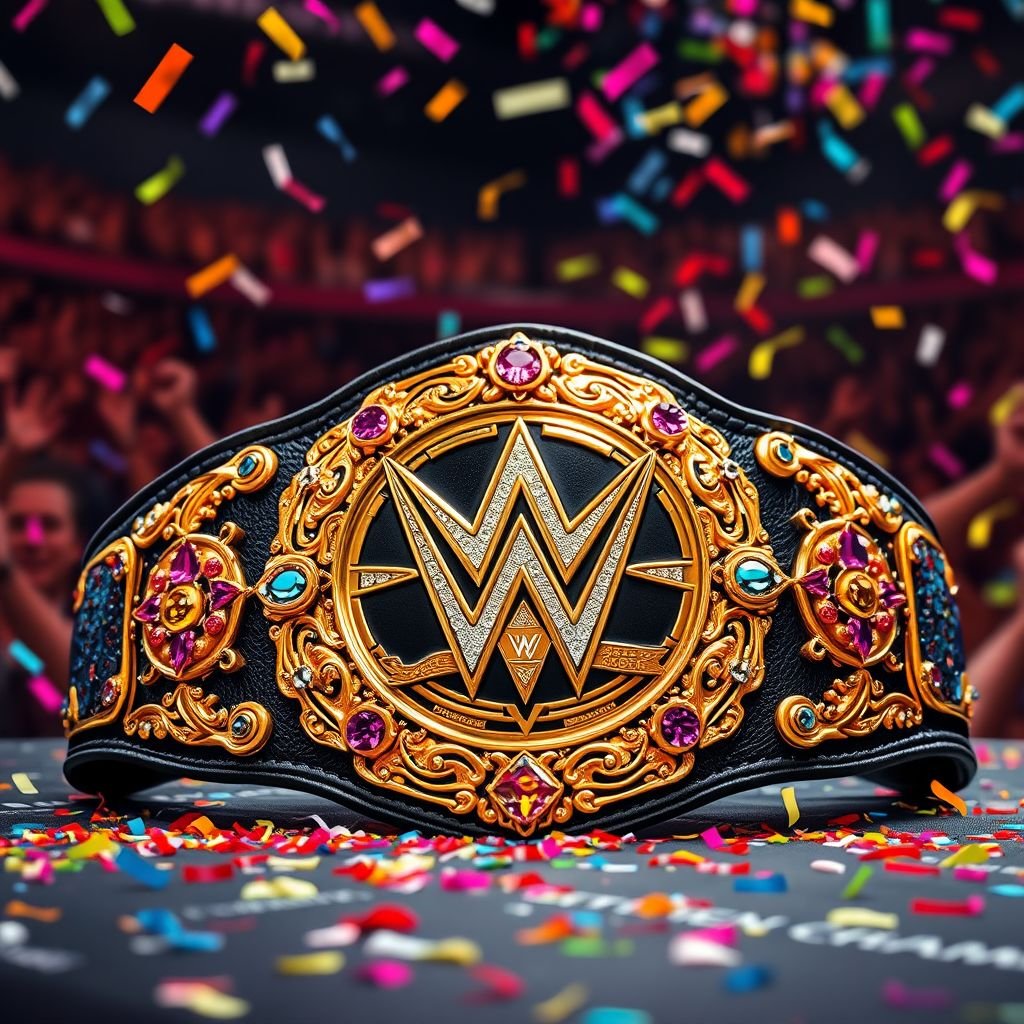 A gleaming wrestling belt, richly adorned with intricate gold embellishments and vibrant gemstones. The black leather strap, thick and textured, reflects the arena lights. Centered, a bold emblem shines, symbolizing the Outercontinental Champion. Surrounding the belt, a backdrop of roaring fans, colorful confetti cascading, capturing the thrill of victory and glory.