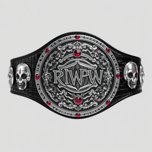 A striking wrestling belt showcasing the PWPW crackwhore knockouts tag team championships. Alligator skin texture enveloping a sleek black strap. Circular silver plate adorned with edgy, graffiti-style skulls and symbols. Ruby gemstones embedded in bold crests. Extra large, commanding presence. An icon of power, rebellion, and fierce competition, evoking raw energy.