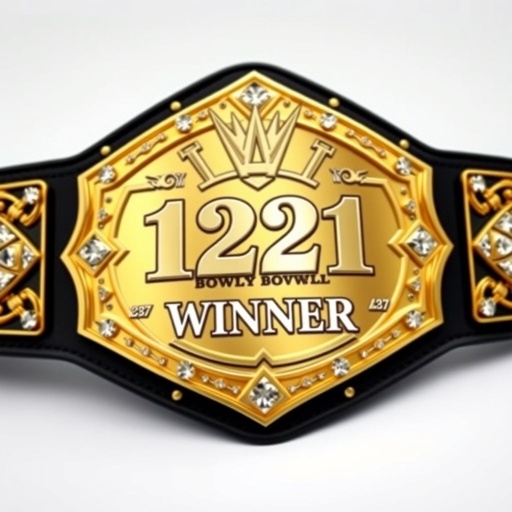 A luxurious wrestling belt, adorned with a classic plate design. Centralized, bold text: "1221 Bowl Winner." Gleaming gold plate color catches the eye. Diamond plate shape enhances elegance, while intricate diamond gemstones embellish the edges. A sophisticated champion design frames the centerpiece, showcasing power and achievement in a realistic art style.
