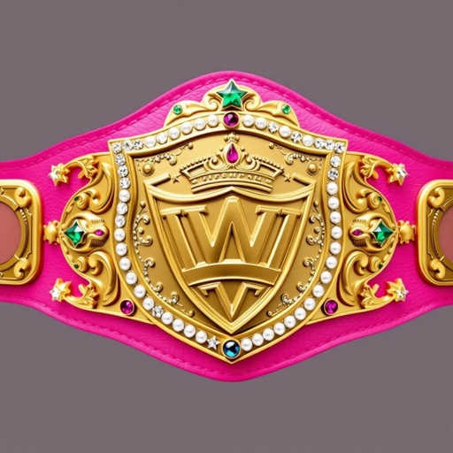 A shimmering women's tag wrestling belt with a vibrant pink leather strap, expertly crafted. Featuring a prominent shield-shaped bronze plate, intricately decorated with a crown champion design. Sparkling pearls and colorful gemstones accentuate the belt, while star crests and symbols embellish the edges, radiating power and elegance in perfect harmony.