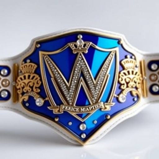 A stunning wrestling belt, trios championship, shimmering blue shield plate. Glossy white leather strap, modern flair, exquisite craftsmanship. Embedded cubic zirconia gemstones, sparkling brilliance. Tailored for fierce camaraderie, showcasing crown crests and symbols of unity. An emblem of perseverance, glory intertwined with love, standing proud, representing an unbreakable bond among champions.