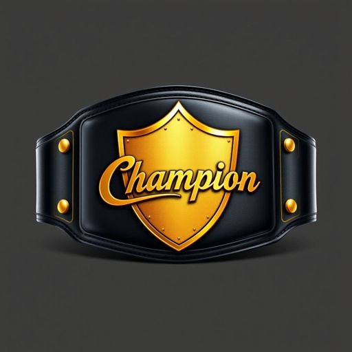 A wrestling belt, gleaming and proud, fashioned from luxurious black leather. The medium-sized strap encircles an elegant, modern shield plate. Glimmering gold shines against the leather backdrop, showcasing a prominent "Champion" text design. Simple yet powerful, devoid of gemstones or elaborate crests, epitomizing strength and victory in a realistic art style.
