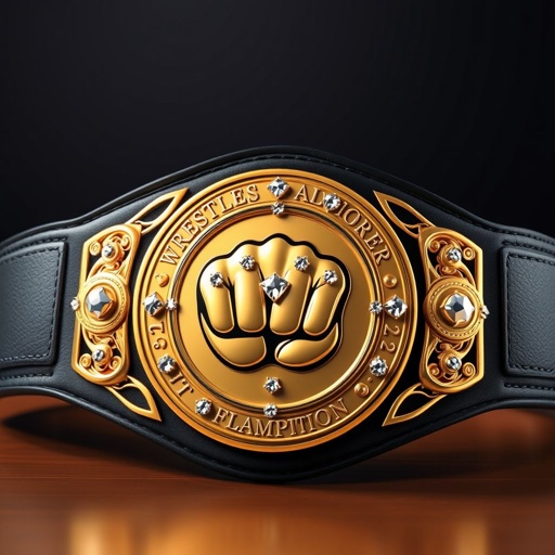 A wrestling belt, RTR Champion edition. Premium leather, smooth black strap. Engraved circular plate, gleaming gold finish. Fist champion design, adorned with sparkling diamond gemstones. Extra-large size, bold and commanding presence. No crests or symbols, minimalist elegance. Anime art style, vibrant and dynamic. A symbol of victory and strength. 