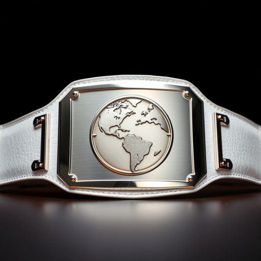 A striking Outercontinental Champion wrestling belt showcased prominently. Rich leather strap in pristine white, contrasting vividly against a polished silver rectangular plate. Modern design highlights a globe etched intricately at the center. No gemstones adorn the belt, emphasizing simplicity and elegance. Extra-large dimensions command attention, ideal for a champion's display.
